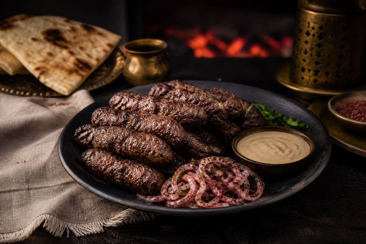 Charcoal Kofta with Sumac Onions and Tahini