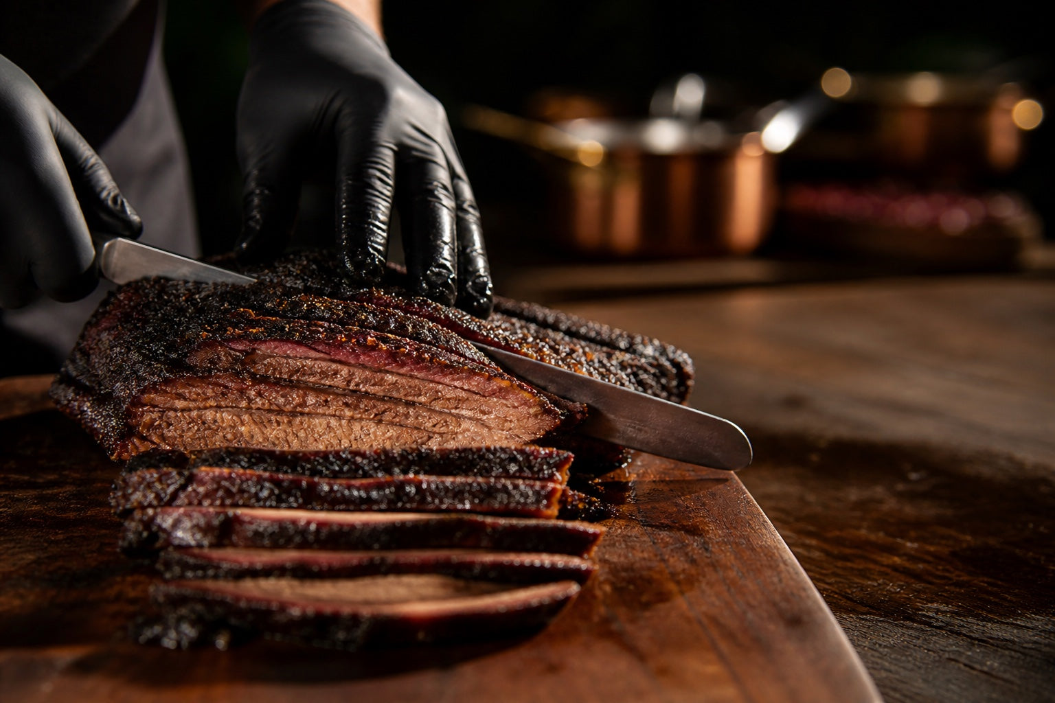 Smoked brisket being sliced on a dark wooden board