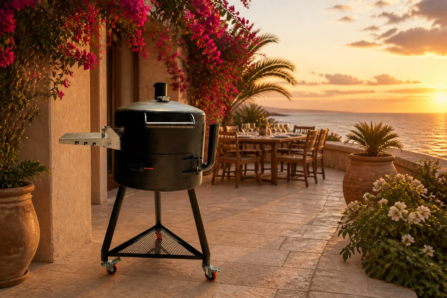 Jamra grill on an outdoor terrace at sunset